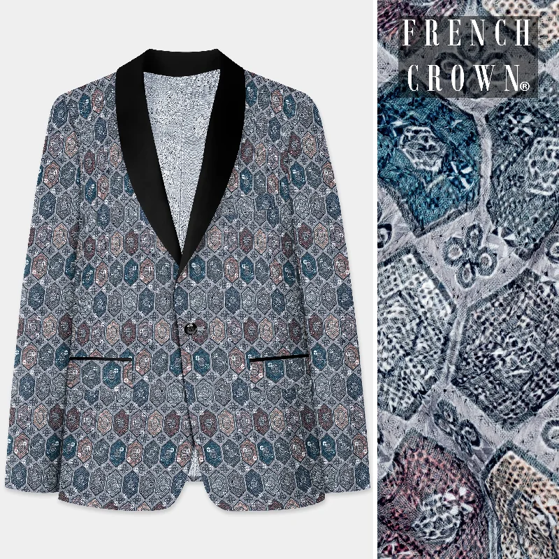 Tuna Blue And Gunsmoke Gray Multicolour Embroidered Tuxedo Blazer