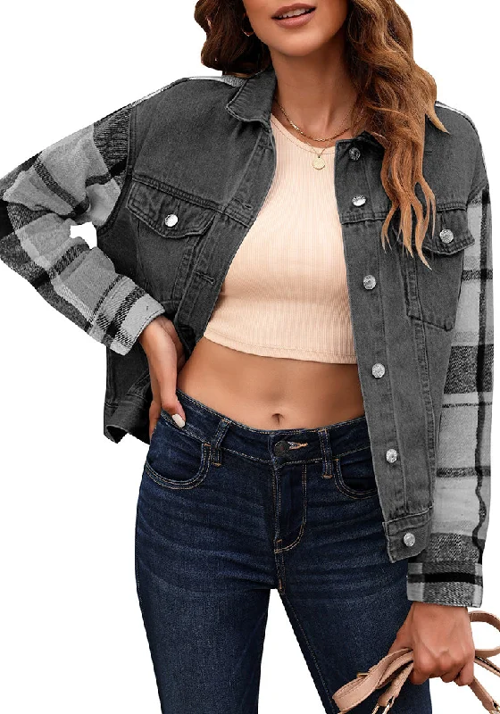 Washed Black + Black Plaid Women's Denim Oversized Plaid Shacket Jacket Vintage Shirt Jackets