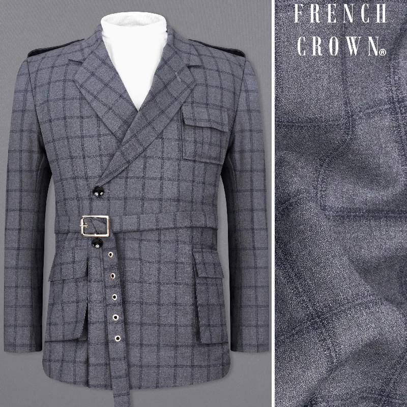 Wenge Gray Windowpane Double Breasted Designer Blazer with Belt Closure