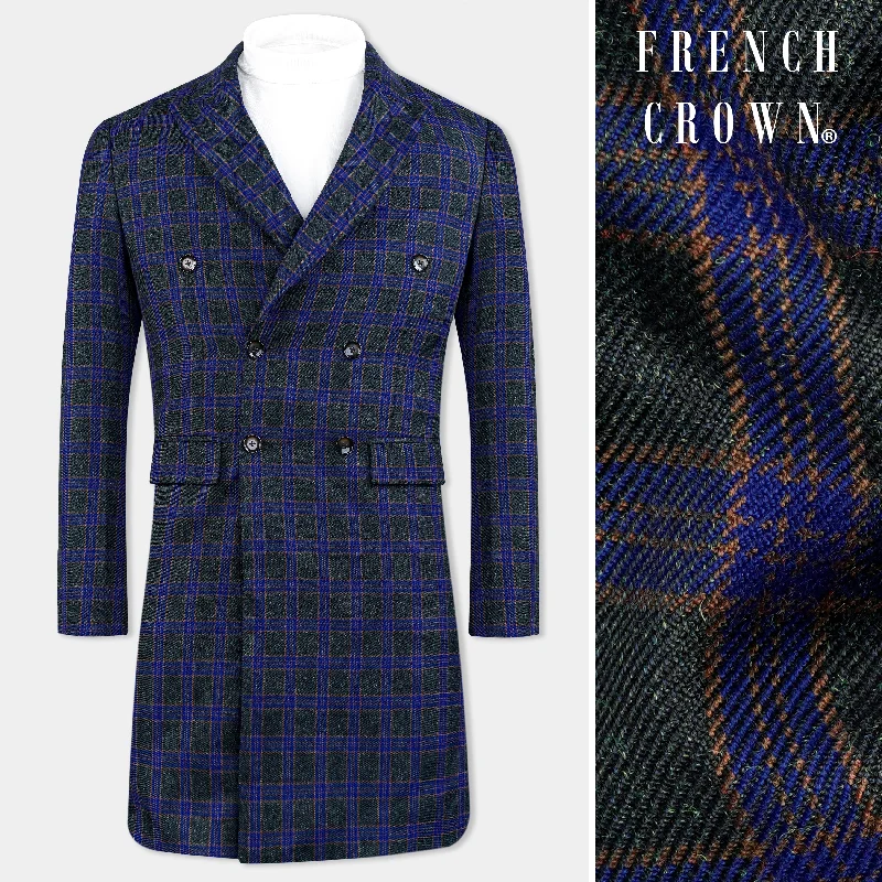 Zodiac Blue and Piano Black Plaid Tweed Double Breasted Trench Coat