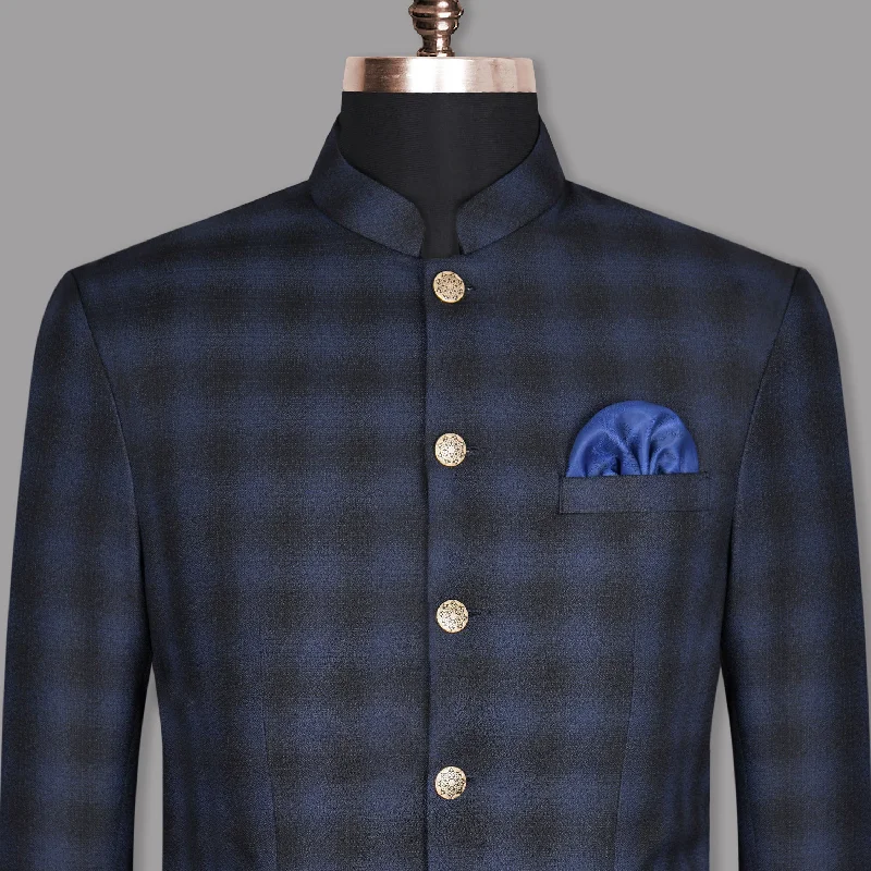 Zodiac Blue Plaid Bandhgala/Mandarin Wool-Silk blend Blazer