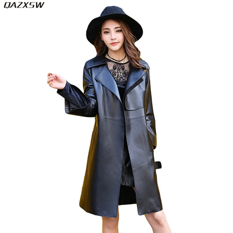 2019 New Women Autumn Spring Leather Jacket Long Slim Adjustable Waist Black Genuine Leather Coat Sheepskin Sashes Outwear AC248