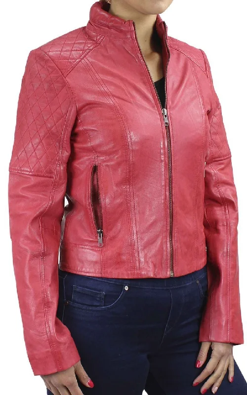 Abby Women’s Zip Leather Jacket - Red