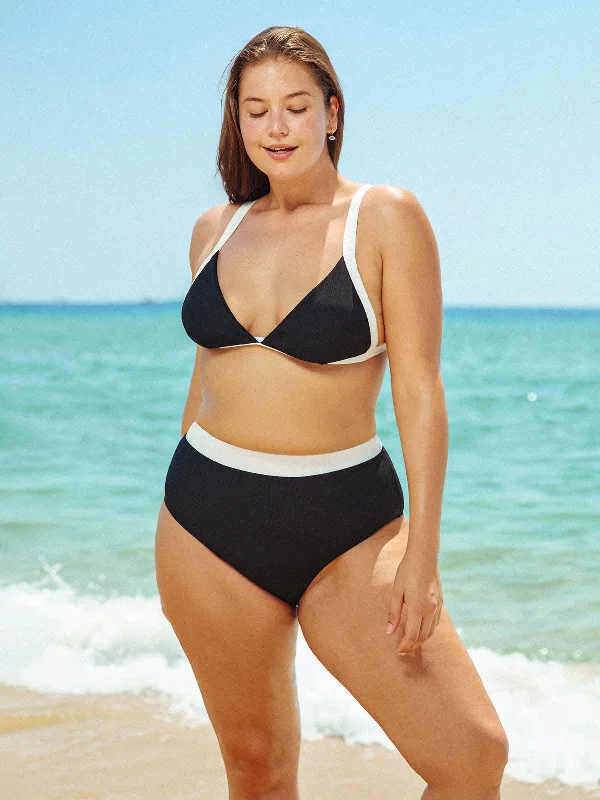 Black Contrast Trim Triangle Plus Size Bikini Top