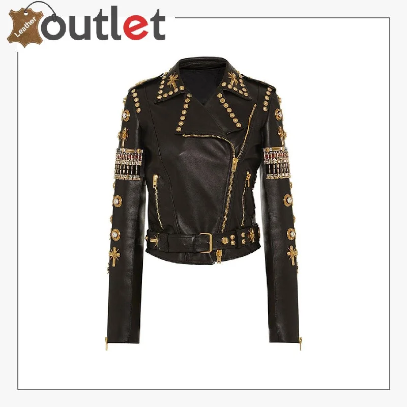 Black & Golden Embroidered Studded Leather Jacket