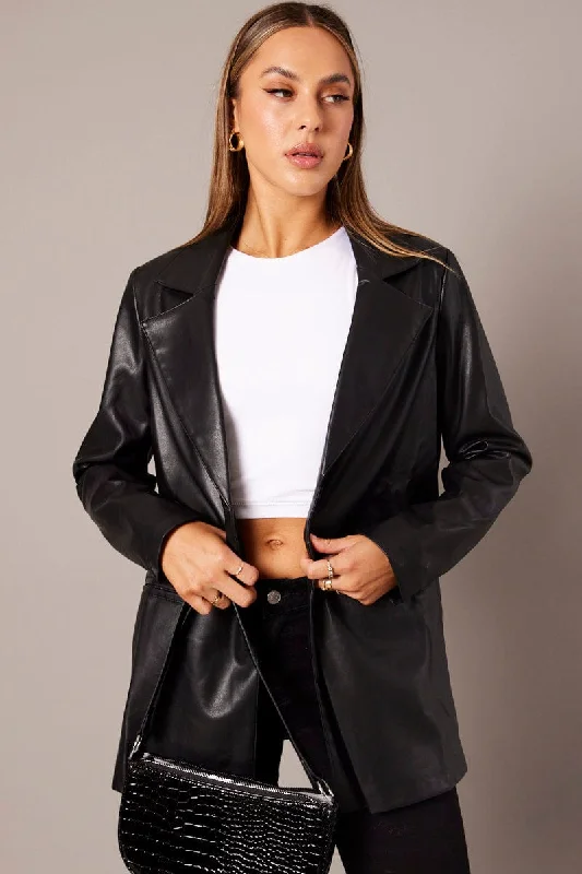 Black Jacket Faux Leather Collared