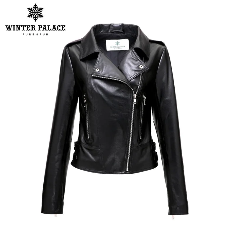 Brand Motorcycle leather jacket New Fashion leather jacket women 2018 spring Black genuine leather jacket women WINTER PALACE