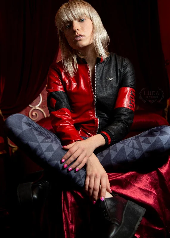 Womens Harley Quinn Bomber Leather Jacket Black and Red