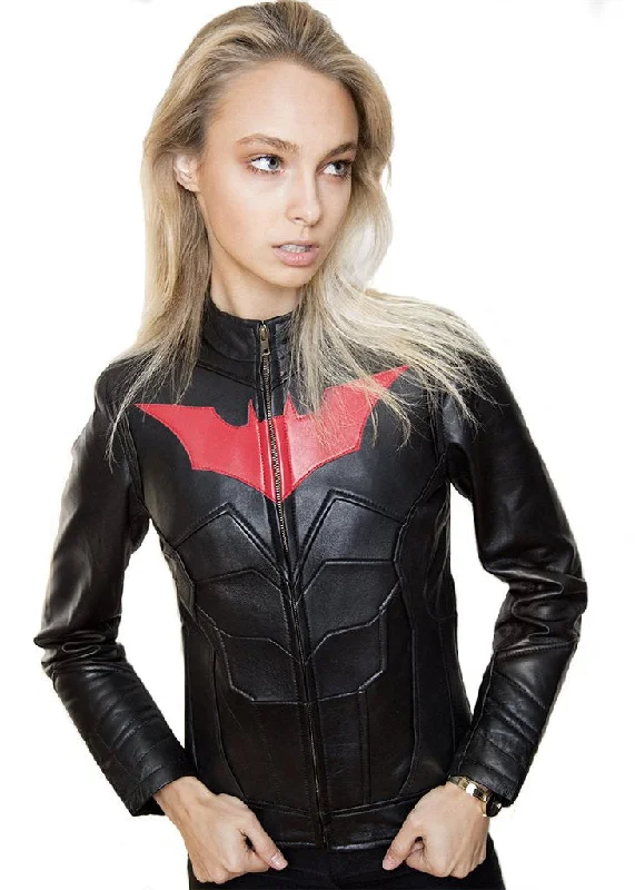 Womens Batman Leather Motorcycle Jacket Red Bat Embossed