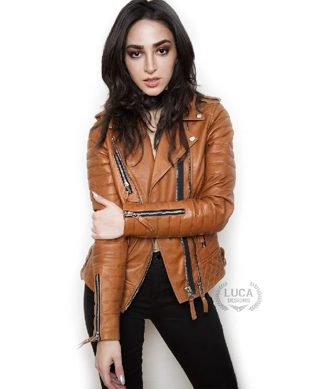 Womens Quilted Leather Motorcycle Jacket Brown