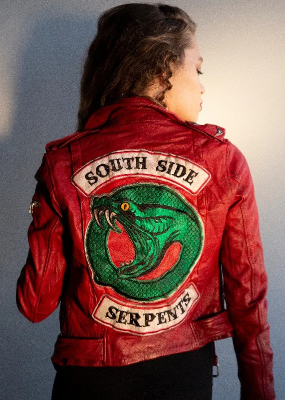 Womens Riverdale Southside Serpents Leather Motorcycle Jacket Red