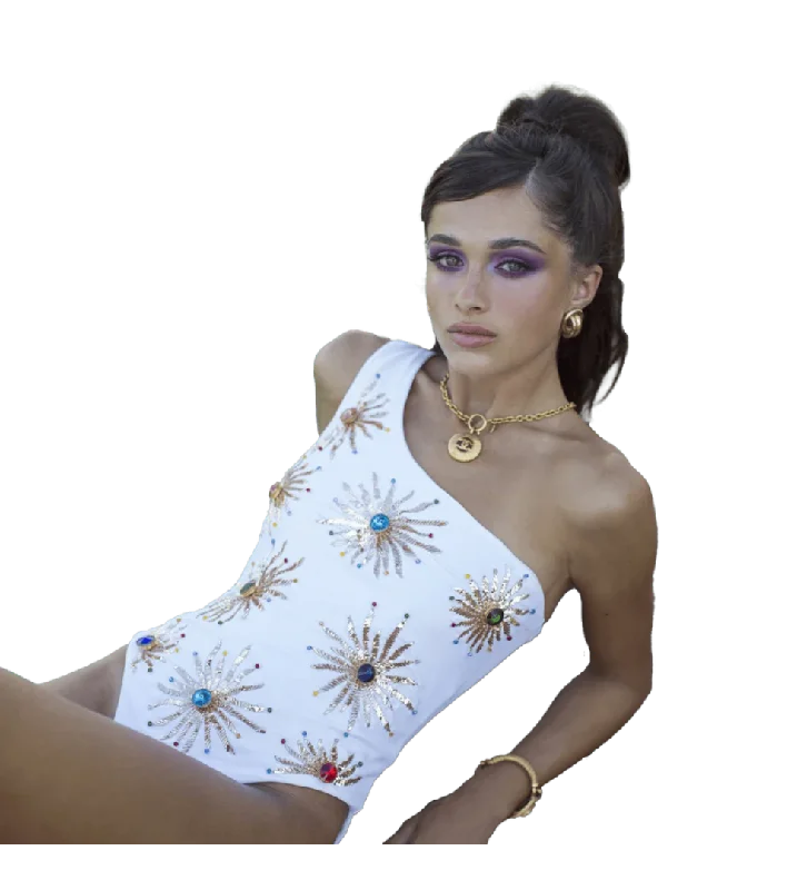 Callie One Shoulder Hand Embroidered swimsuit White