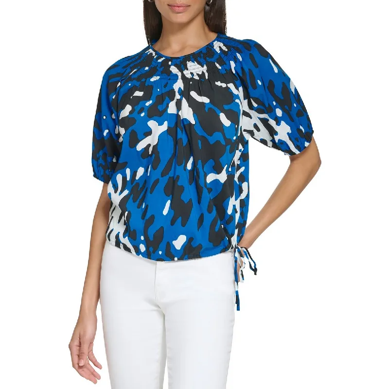 Calvin Klein Womens   Abstract Smocked Pullover Top