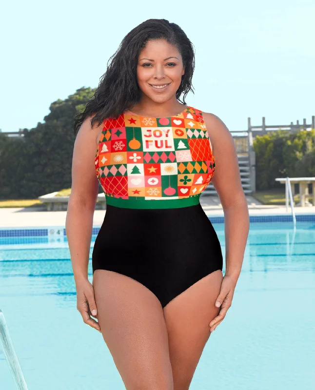 CHLORINE RESISTANT AQUAMORE PRINT BLOCK HIGH NECK PLUS SIZE SWIMSUIT