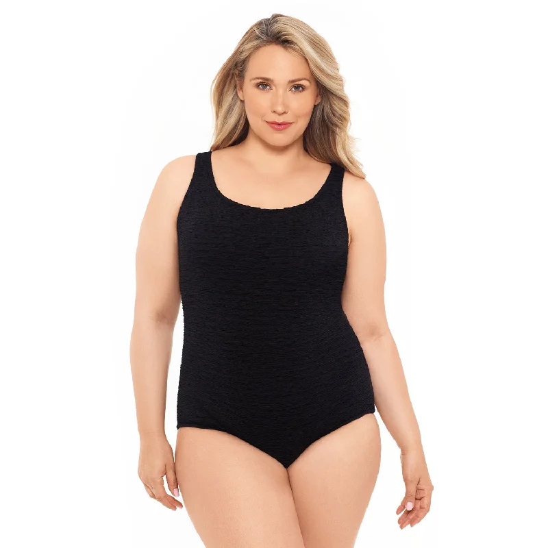 Krinkle Chlorine Resistant Swimwear, Polyester Plus Size Swimsuit - Black