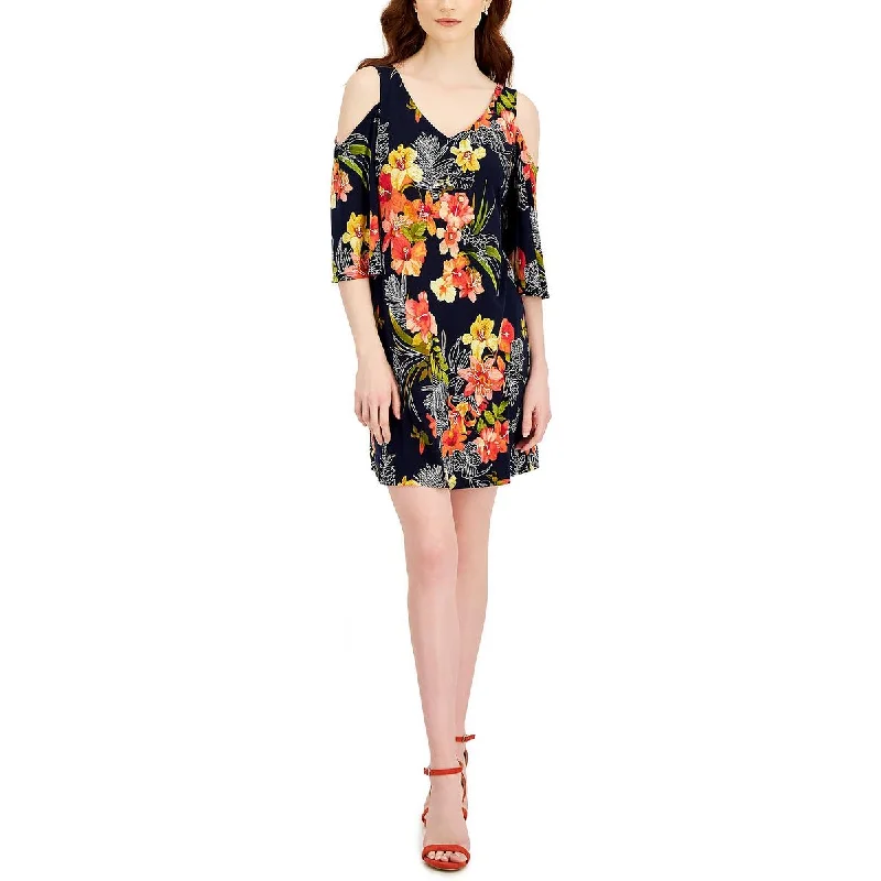 Connected Apparel Womens Petites Floral Mini Fit & Flare Dress