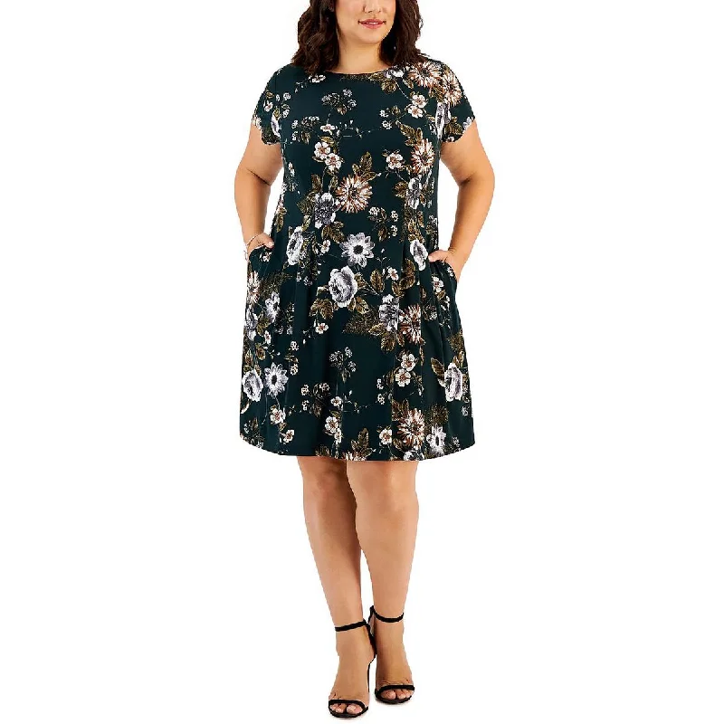 Connected Apparel Womens Plus Floral Print Knee Fit & Flare Dress