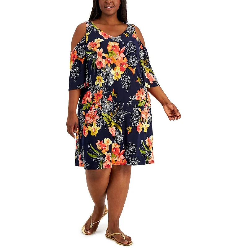 Connected Apparel Womens Plus Printed Midi Fit & Flare Dress