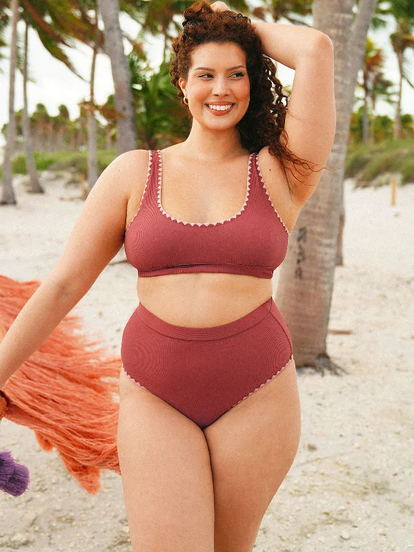 Contrast Stitch Longline Plus Size Bikini Top