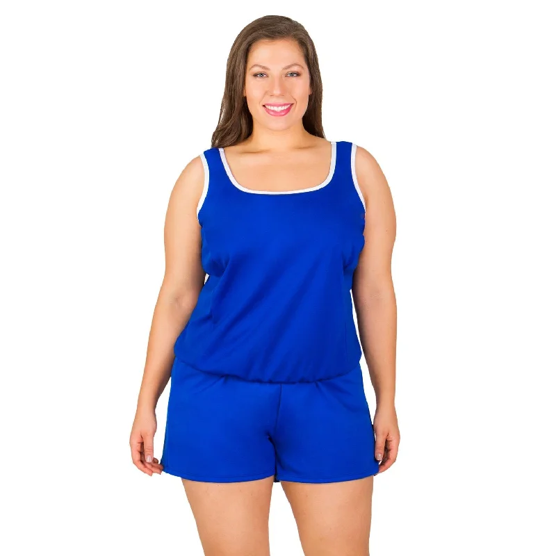 Plus Size Chlorine Resistant Swimsuits -  Polyester Two Piece with Short - Available in Black or Blue