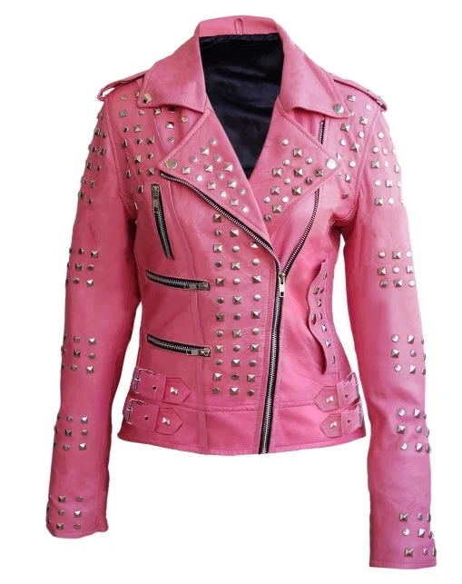 Women Pink Studded Studs Genuine Leather Jacket