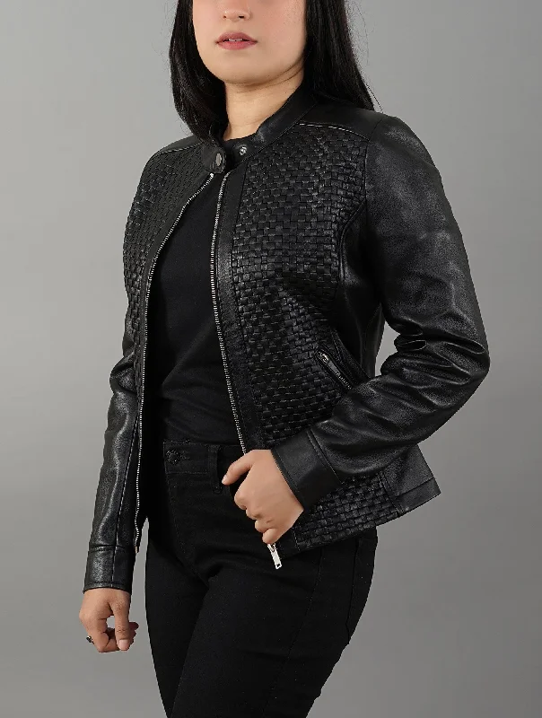 Womens Quilted Patterned  Black Real Sheepskin Leather Jacket