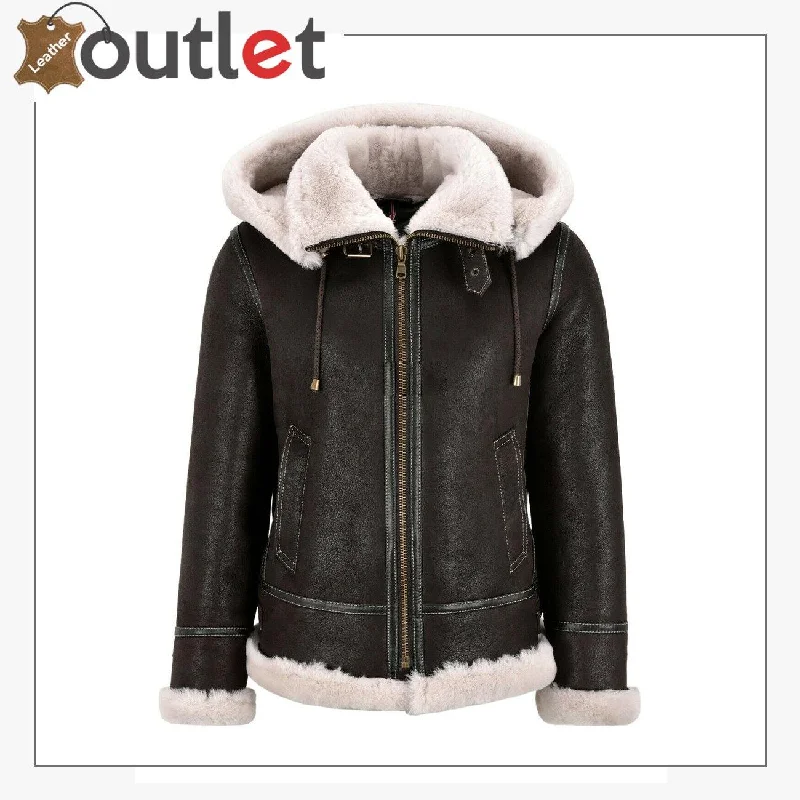 Detachable Hood Ladies B3 Bomber Classic WW2 Sheepskin Jacket