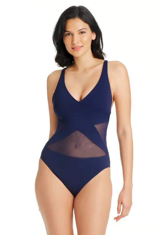 Don't Mesh With Me One Piece Surplice Mesh Swimsuit