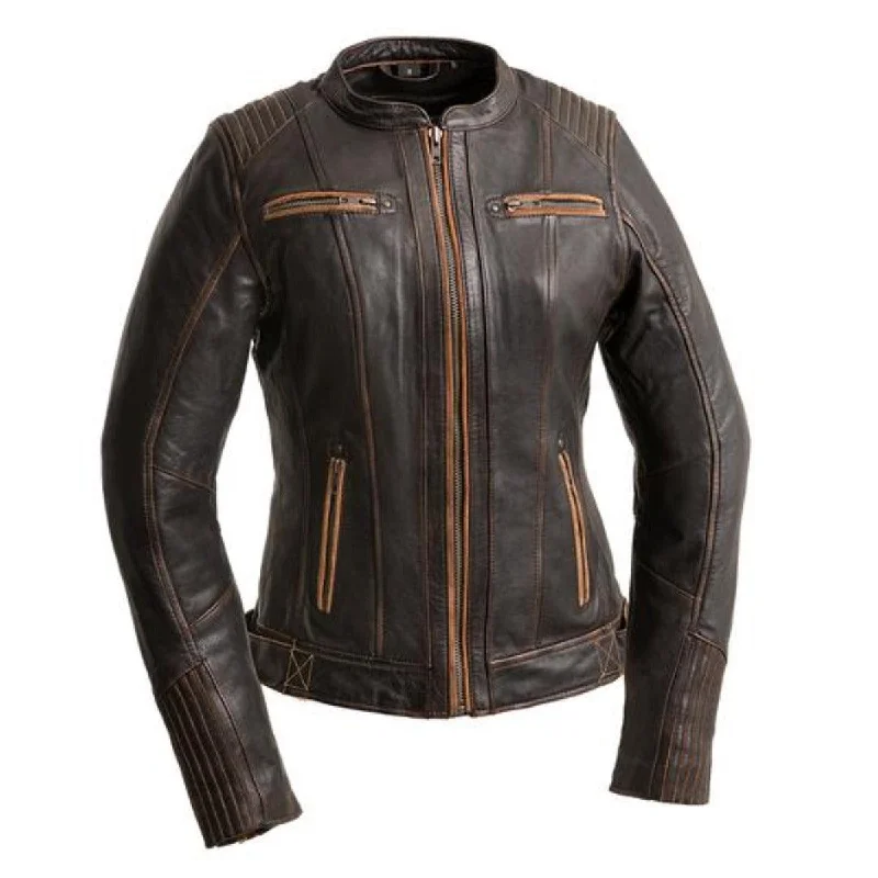 First Manufacturing Electra - Women's Leather Motorcycle Jacket, Distressed Brown