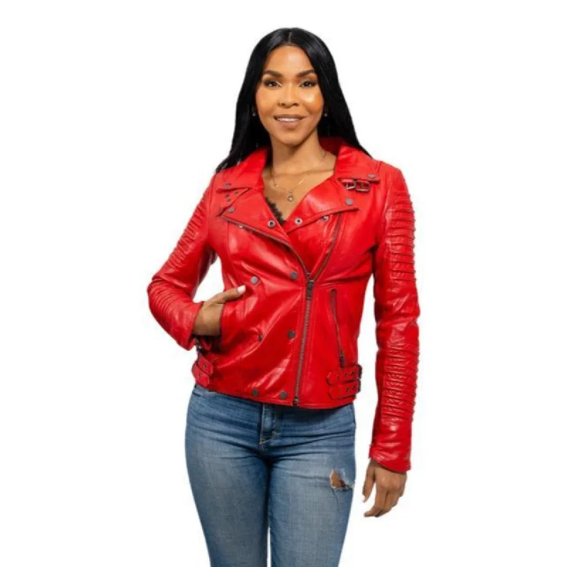 First Manufacturing Queens - Women's Fashion Lambskin Leather Jacket, Fire Red