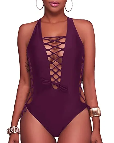 Flattering Cross Back Strappy Cutout One Piece Swimsuits-Maroon