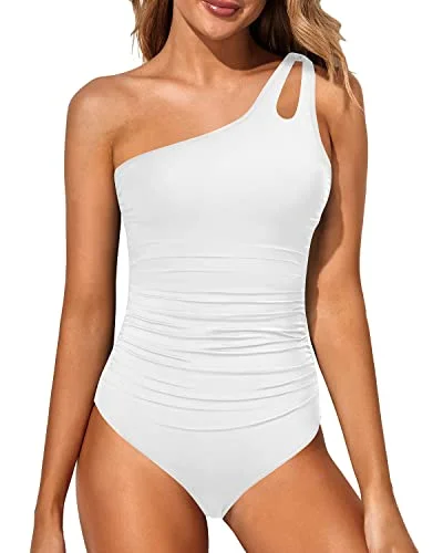 Full Coverage Tummy Control One Shoulder One Piece Swimsuit For Women-White