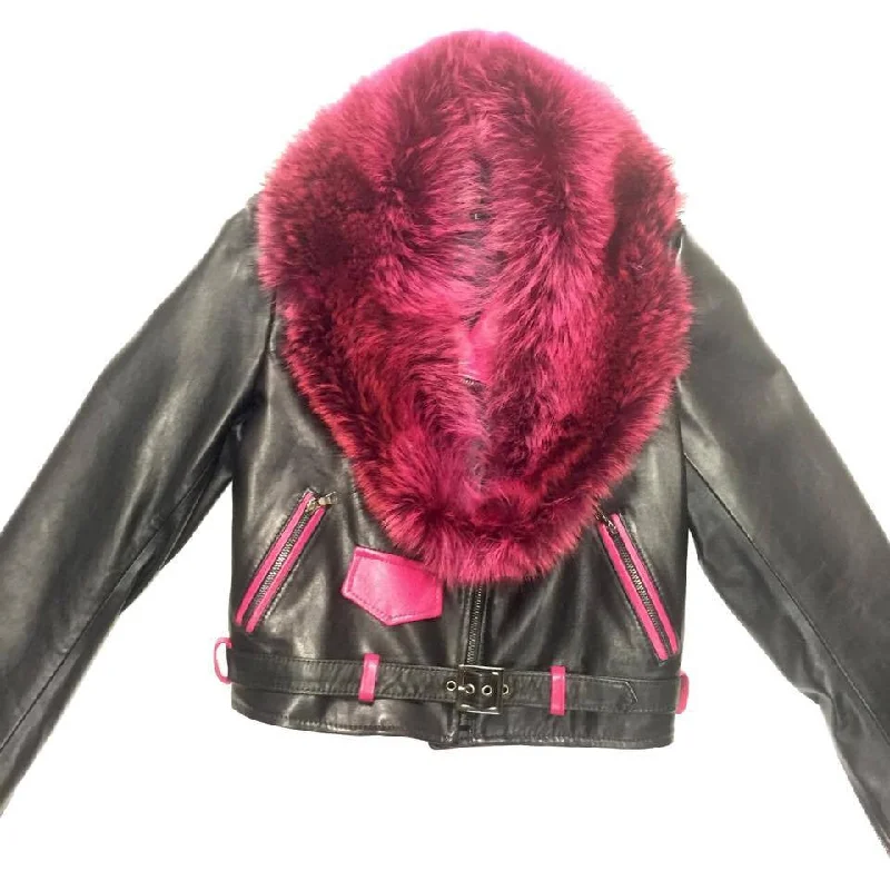 G-Gator Ladies Black & Pink Fox Collar Lambskin Biker Jacket