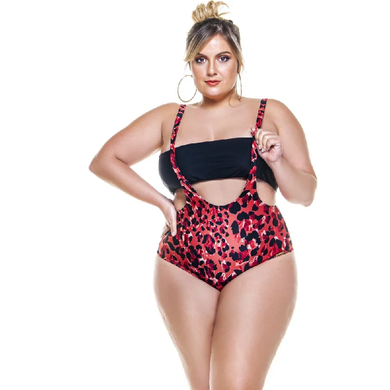 PLUS SIZE SAVANA PRINT JUMPER SWIMSUIT WITH BLACK TOP