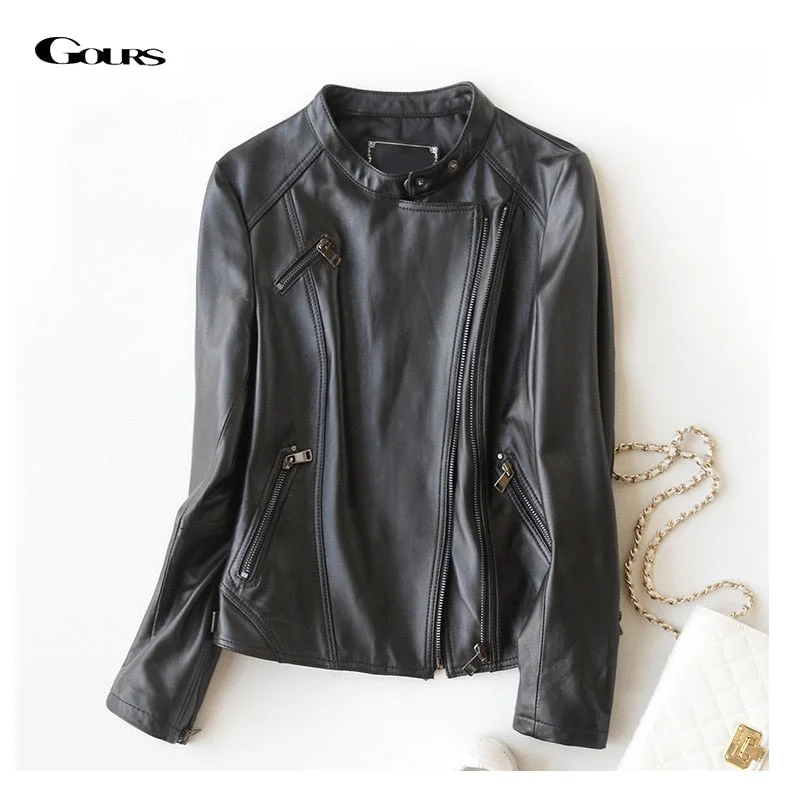 Gours Fashion Genuine Leather Jackets for Women Spring Classic Short Motorcycle Jacket Black Punk Style Ladies Sheepskin Coats