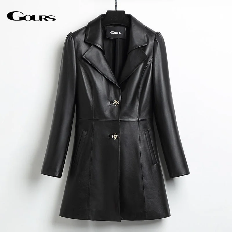 Gours Genuine Leather Coat for Women Winter Fashion Classic Long Sleeve Slim Overcoat Ladies Windbreak Sheepskin Jacket HS201