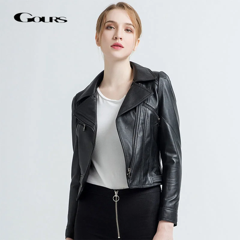 Gours Women's Genuine Leather Jackets Female Fashion Short Motorcycle Jacket Black Classic Punk Style Ladies Sheepskin Coat 1817