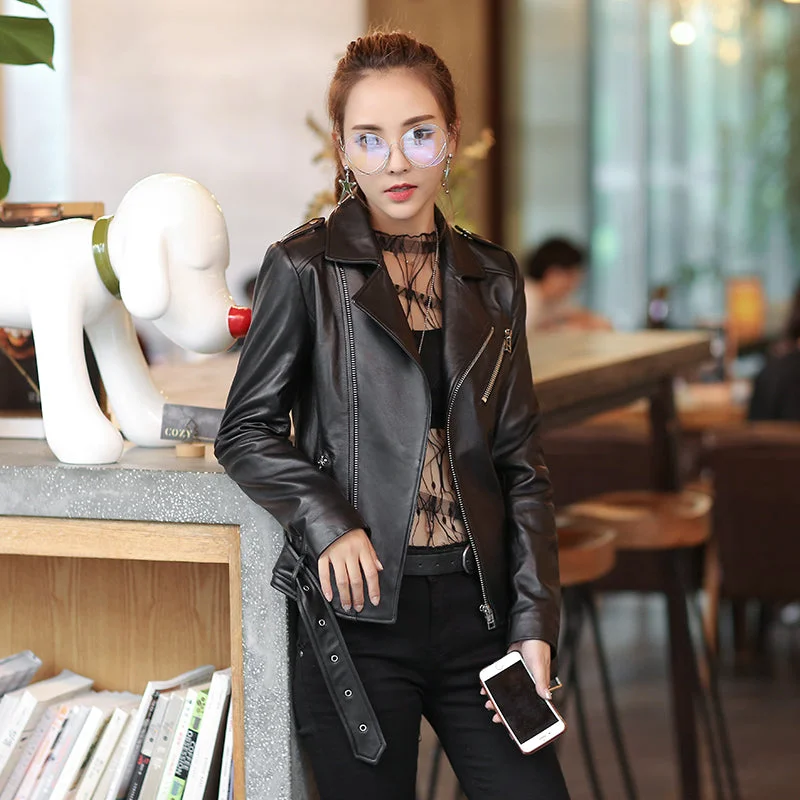 Gours Women's Genuine Leather Jackets Spring Classic Fashion Short Motorcycle Sheepskin Jacket Black Punk Style Coats HSW302