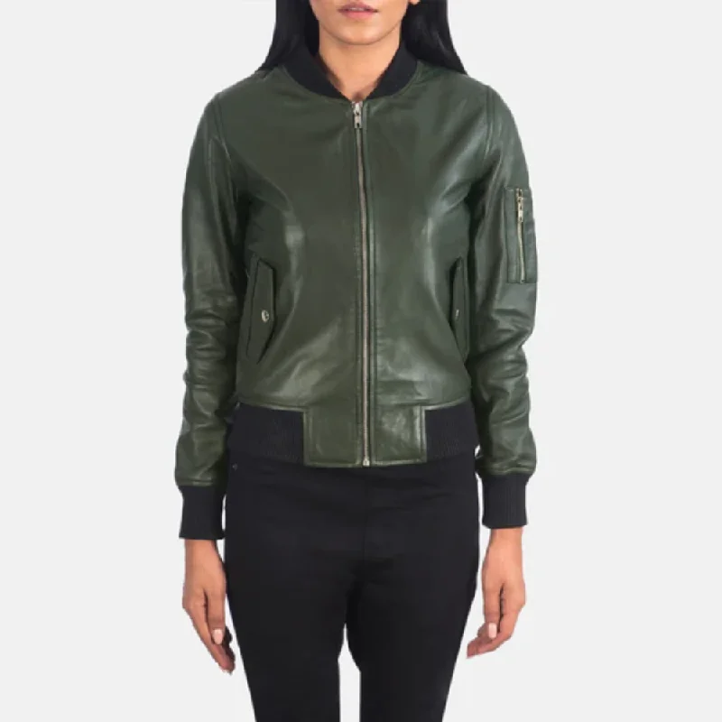 Green Women Sheepskin A-1 Bomber Leather Jacket