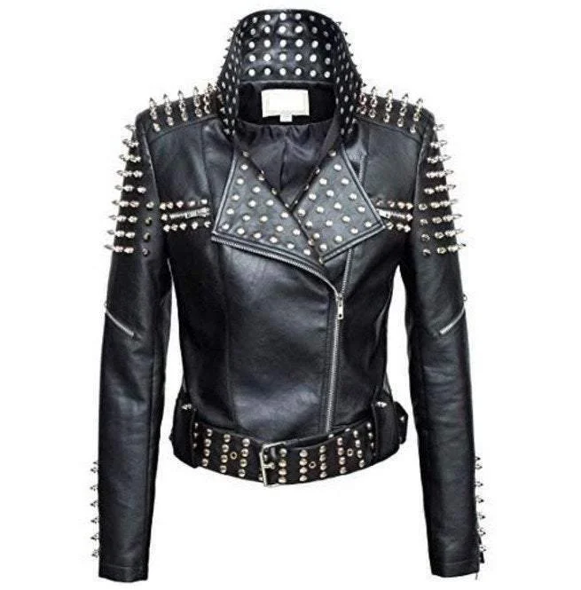 Handmade Women Black Punk Silver Spiked Studded Leather Biker Jacket