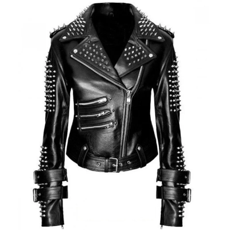 Handmade Women Black Punk Silver Spiked Studded Leather Biker Jacket