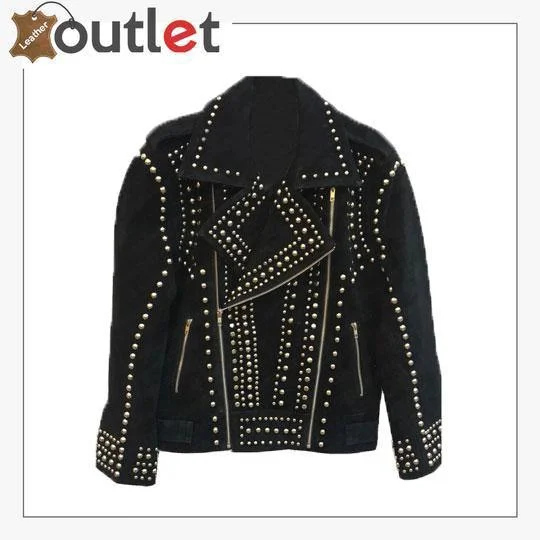 Handmade Womens Black Fashion Golden Studded Punk Style Leather Jacket