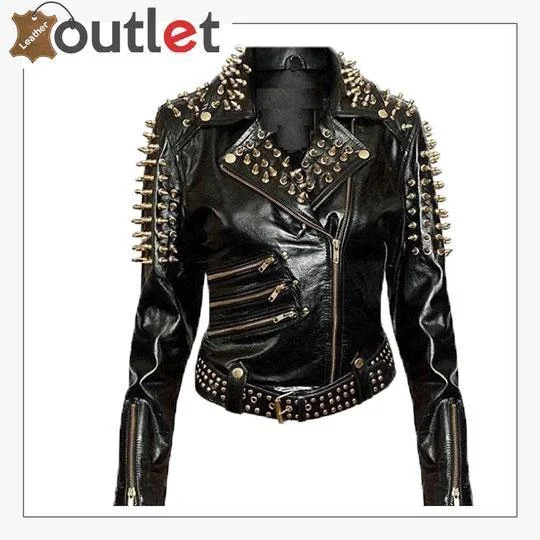 Handmade Womens Plain Black Fashion Studded Punk Style Jacket