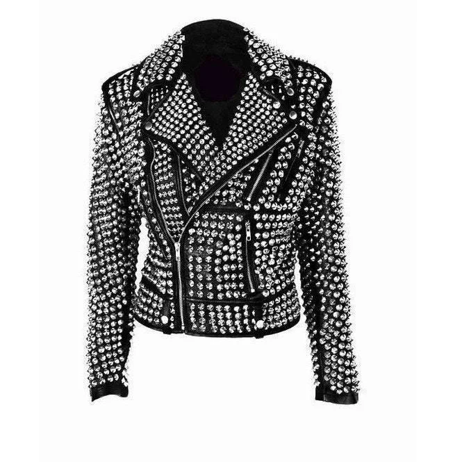 Handmade Women Rock Star All over Silver Studded Cowhide Leather Jacket