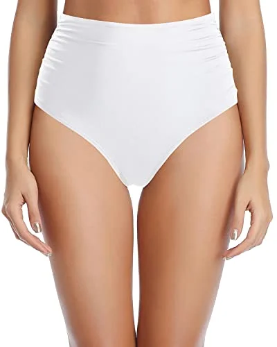 Lace Up Strappy Side Swim Bottoms High Waisted Bikini Bottoms-White