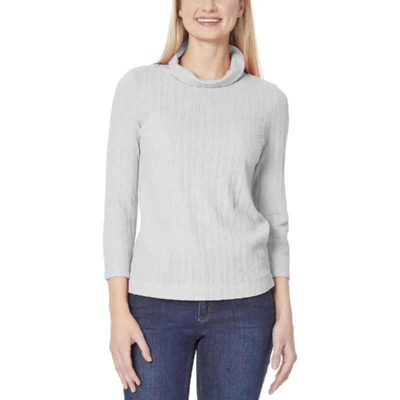 Jones New York Womens Mock Neck Cable Knit Pullover Top