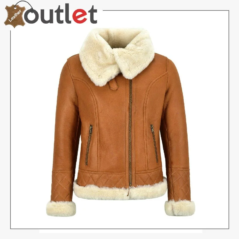 Ladies Sheepskin Jacket White Shearling Asymmetric Real Fur Bomber Jacket