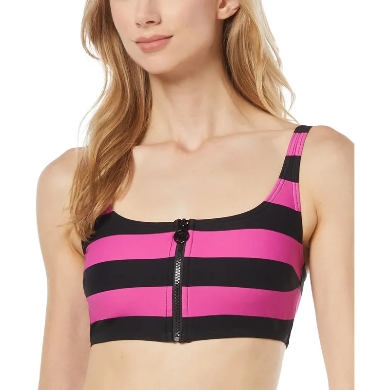 MICHAEL Michael Kors Womens Striped Zip-Front Bikini Swim top