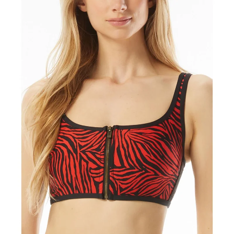 MICHAEL Michael Kors Womens Zebra Print Zip-Front Bikini Swim top