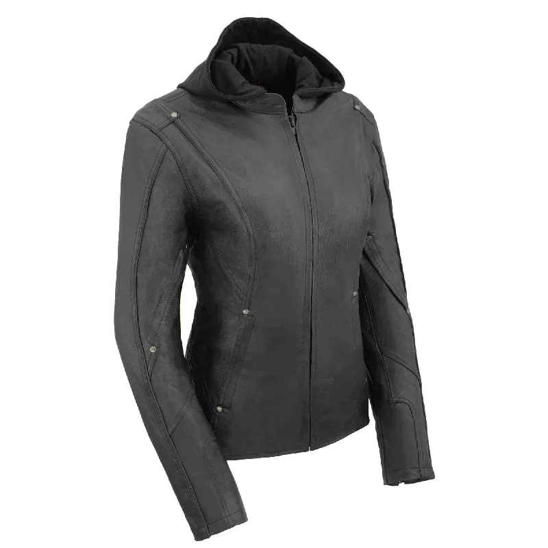 Women Black 3/4 Hooded Leather Jacket with Side Stetch Fit